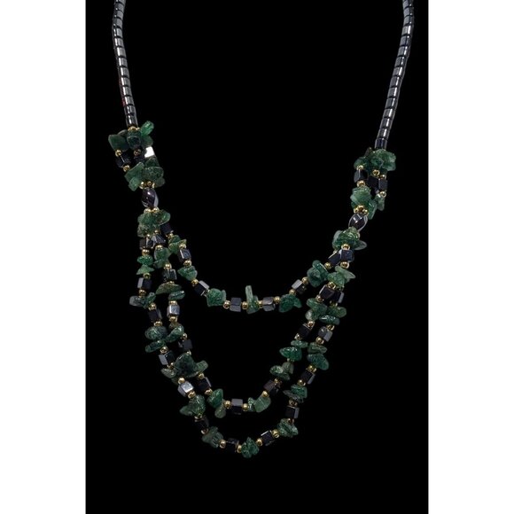 Hematite Green Agate Layered Beaded Stone Necklace - Picture 2 of 6